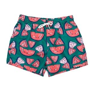 NWT Pink Chicken Blue Rooster Men’s Watermelon Puzzle Swim Trunks in size XL